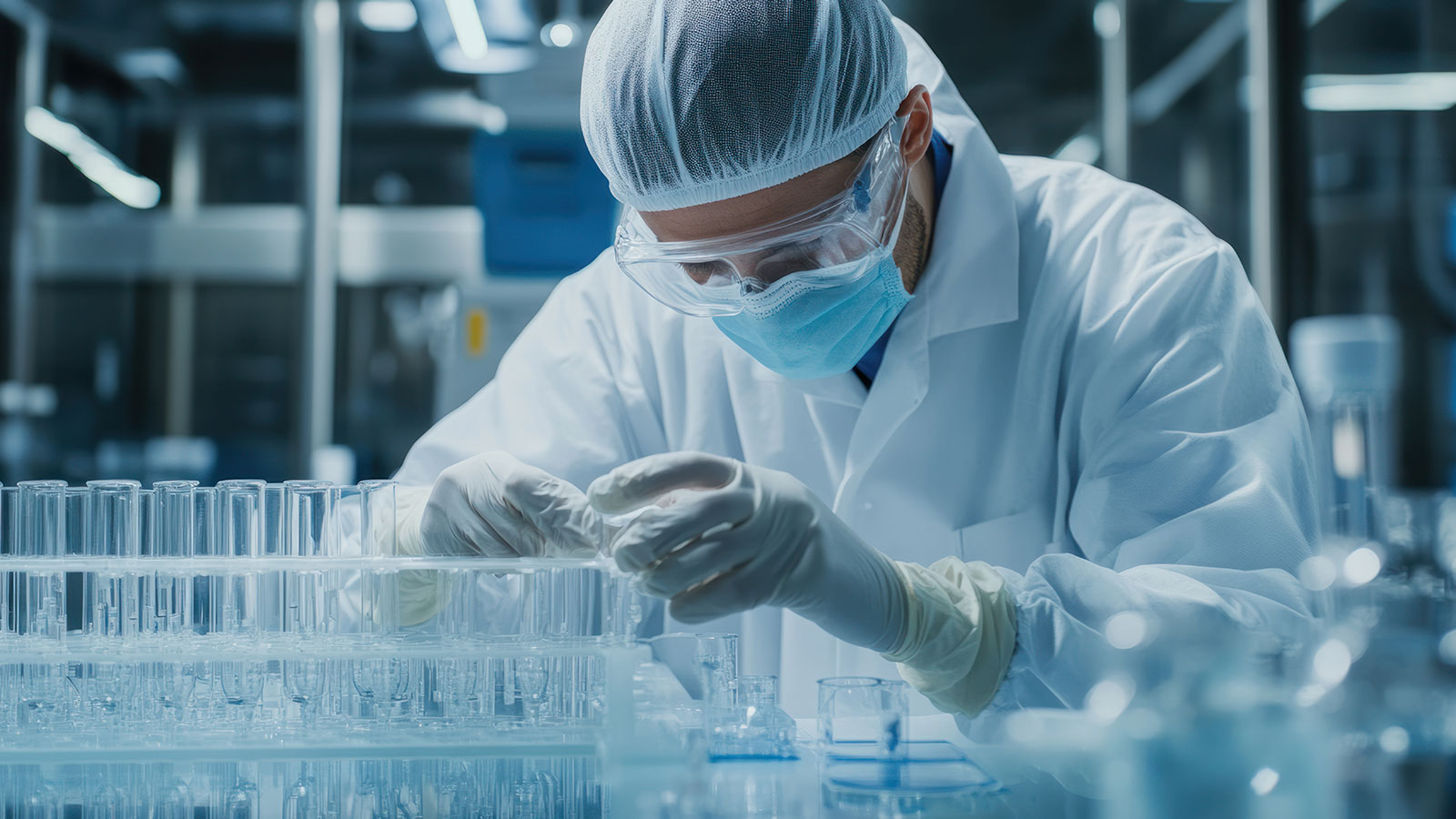 A biopharmaceutical scientist in a cleanroom setting