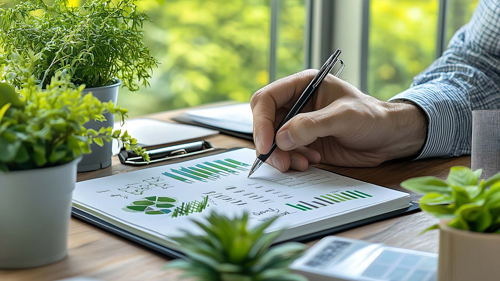 Corporate auditor reviewing sustainability reports in a modern office