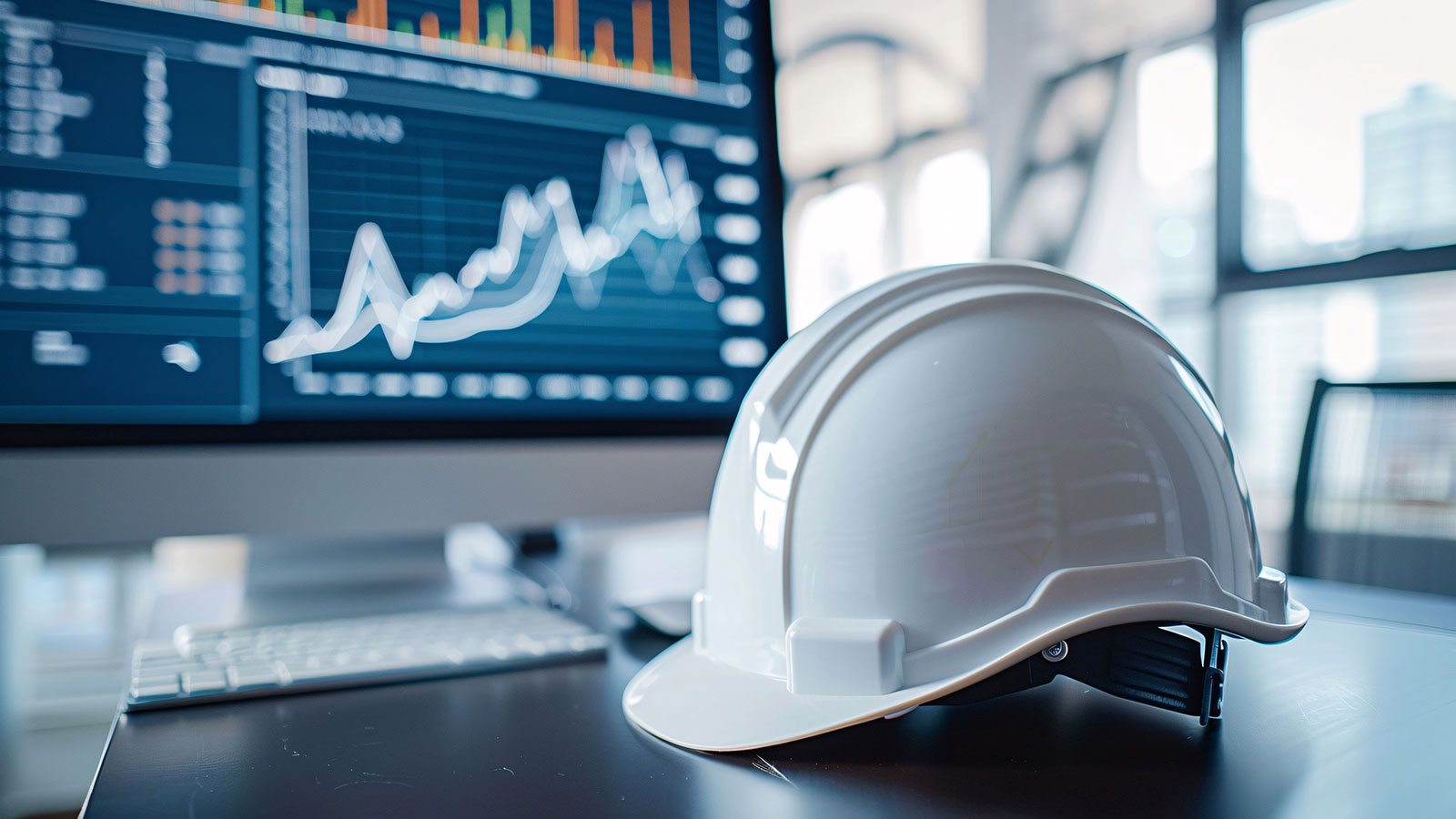 Elegant White Safety Helmet for Engineer's Workplace Desk with Online Dashboard Displaying Various Metrics
