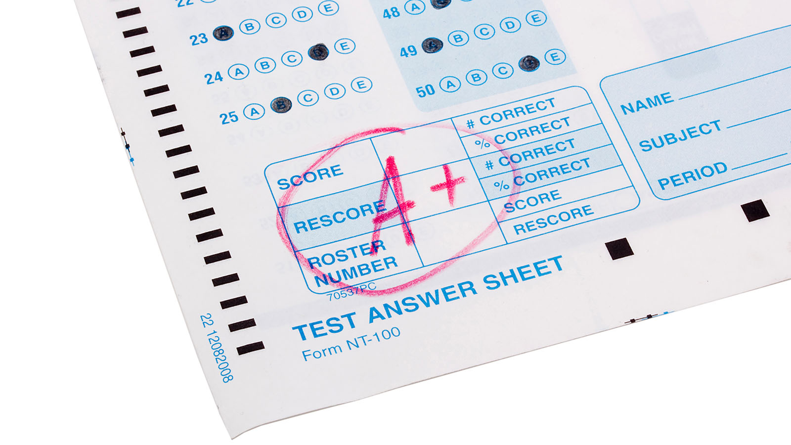 Close-up photograph of a perfect grade on a scantron test.