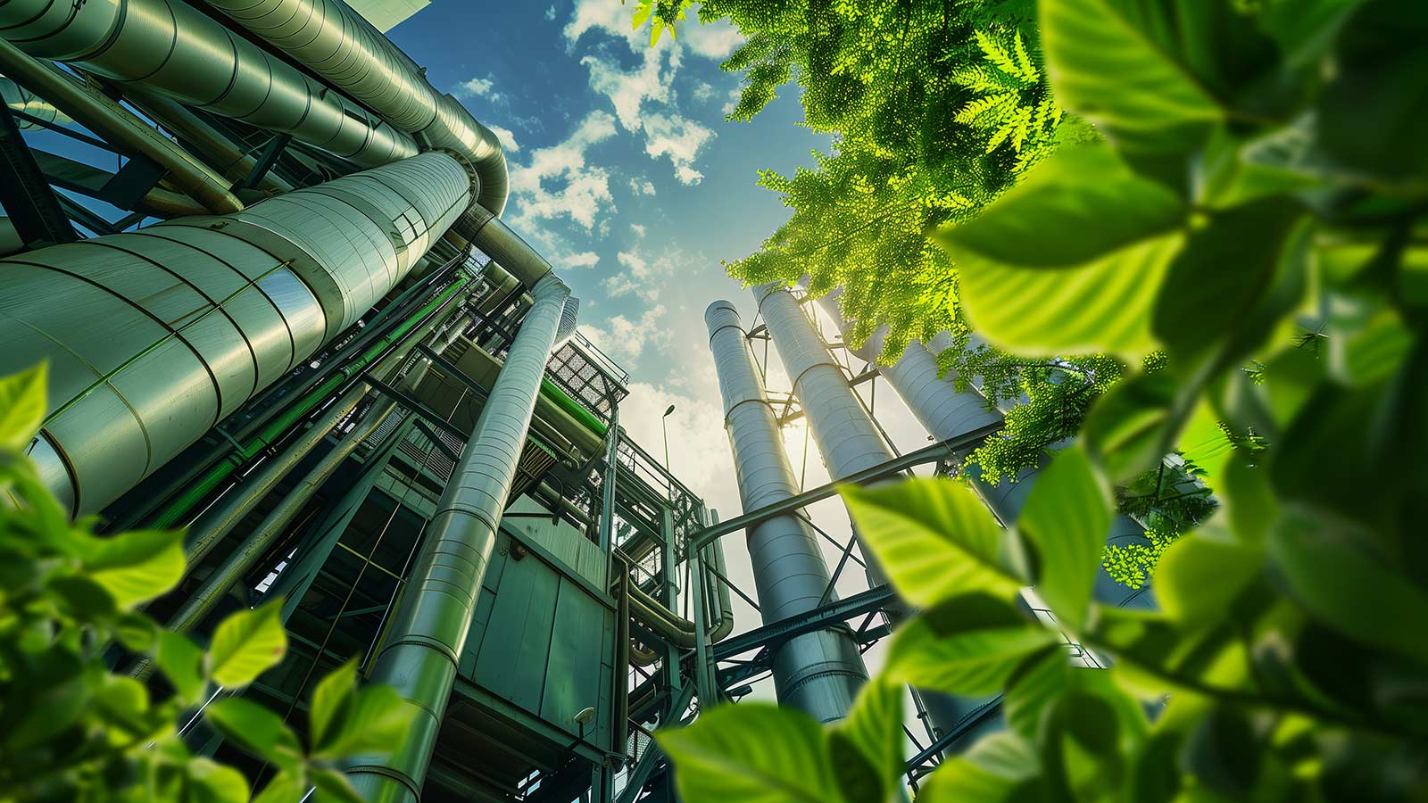 Industrial landscape with blue sky and green plant