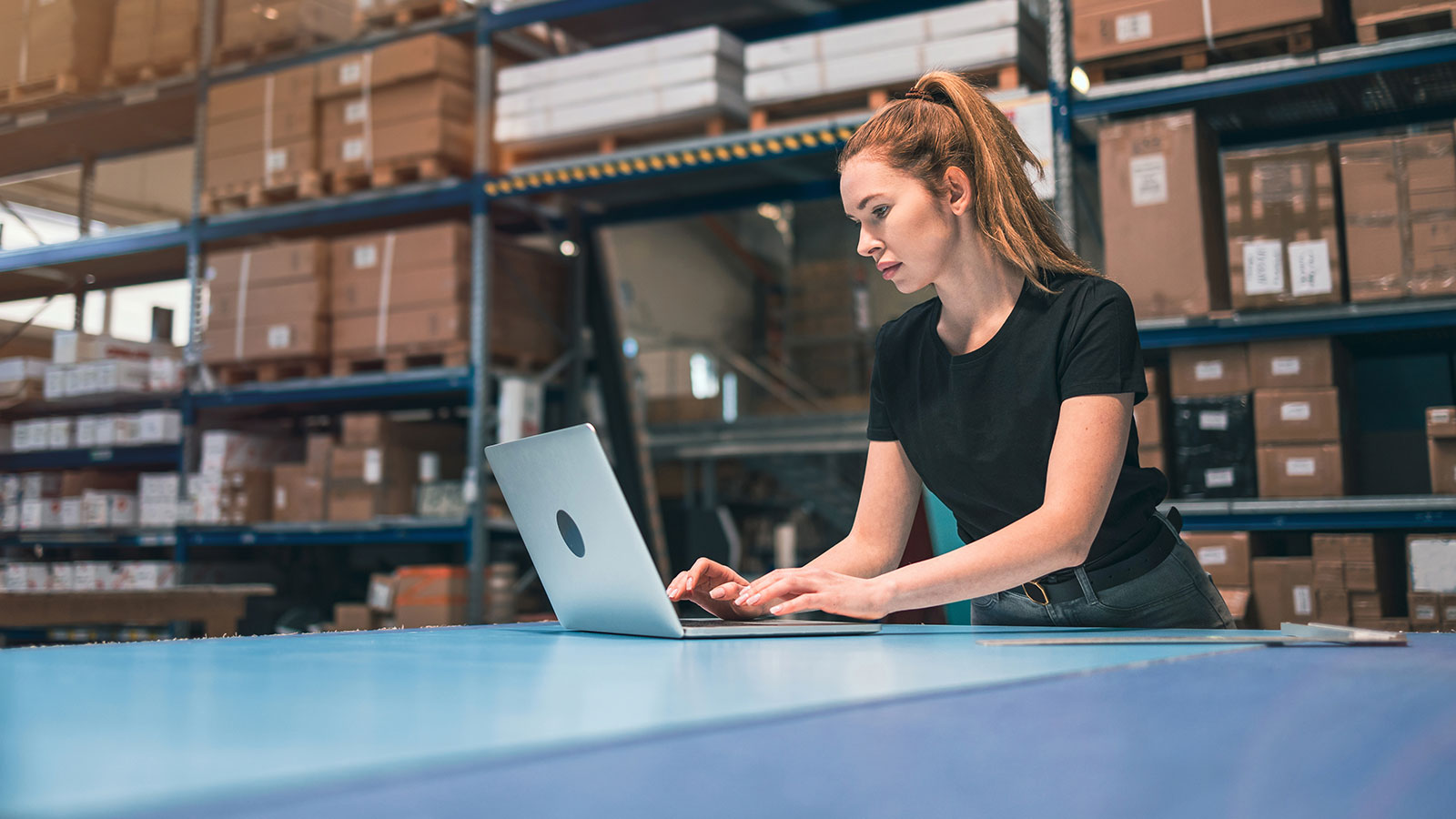 Woman using laptop at warehouse